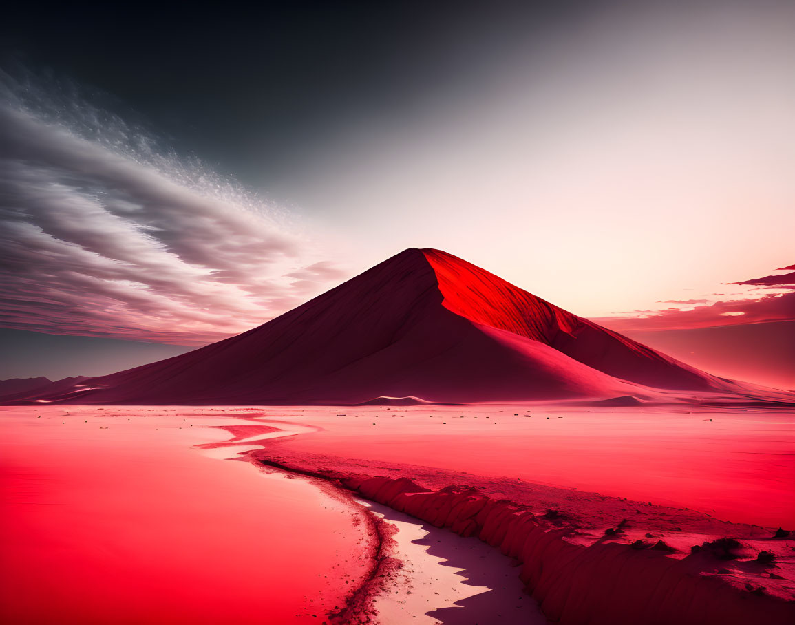 Symmetrical red mountain peak in vibrant landscape