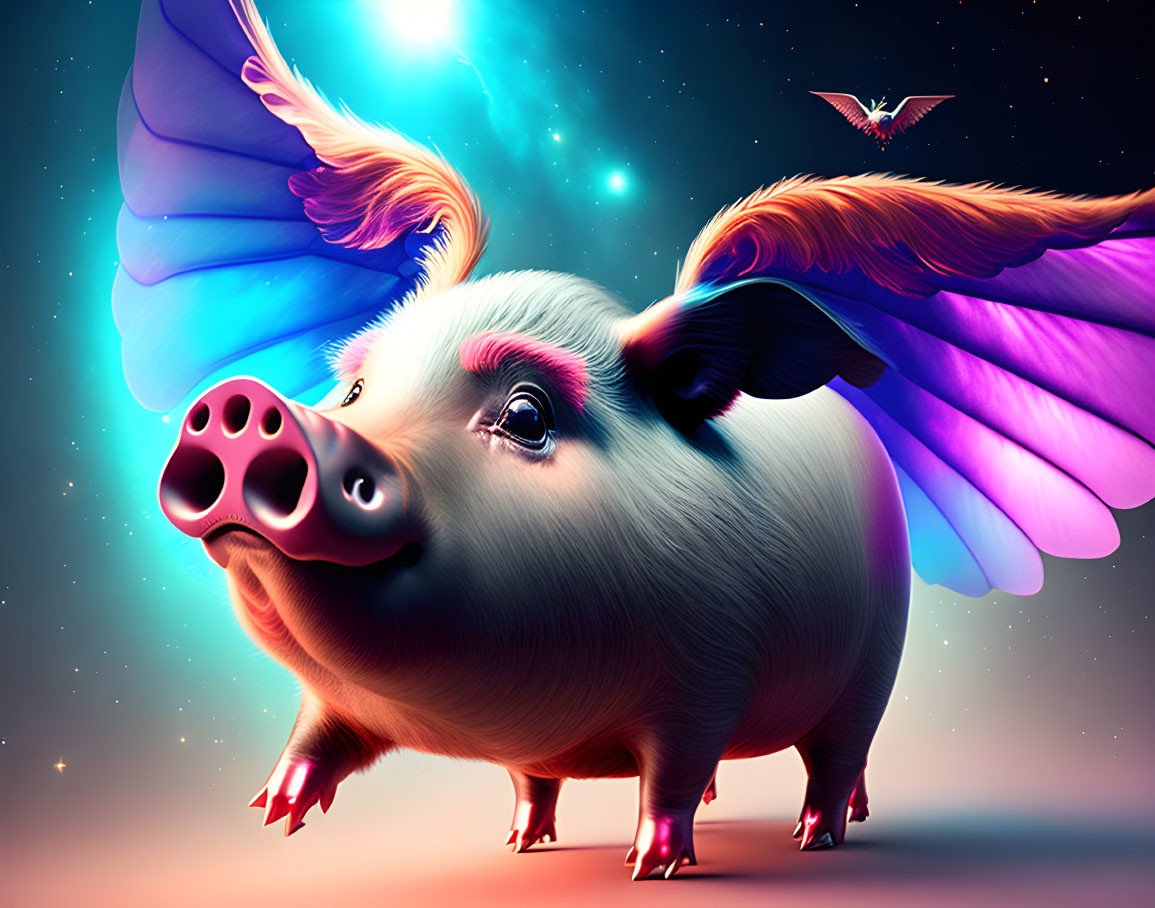 Colorful Pig with Wings in Celestial Scene