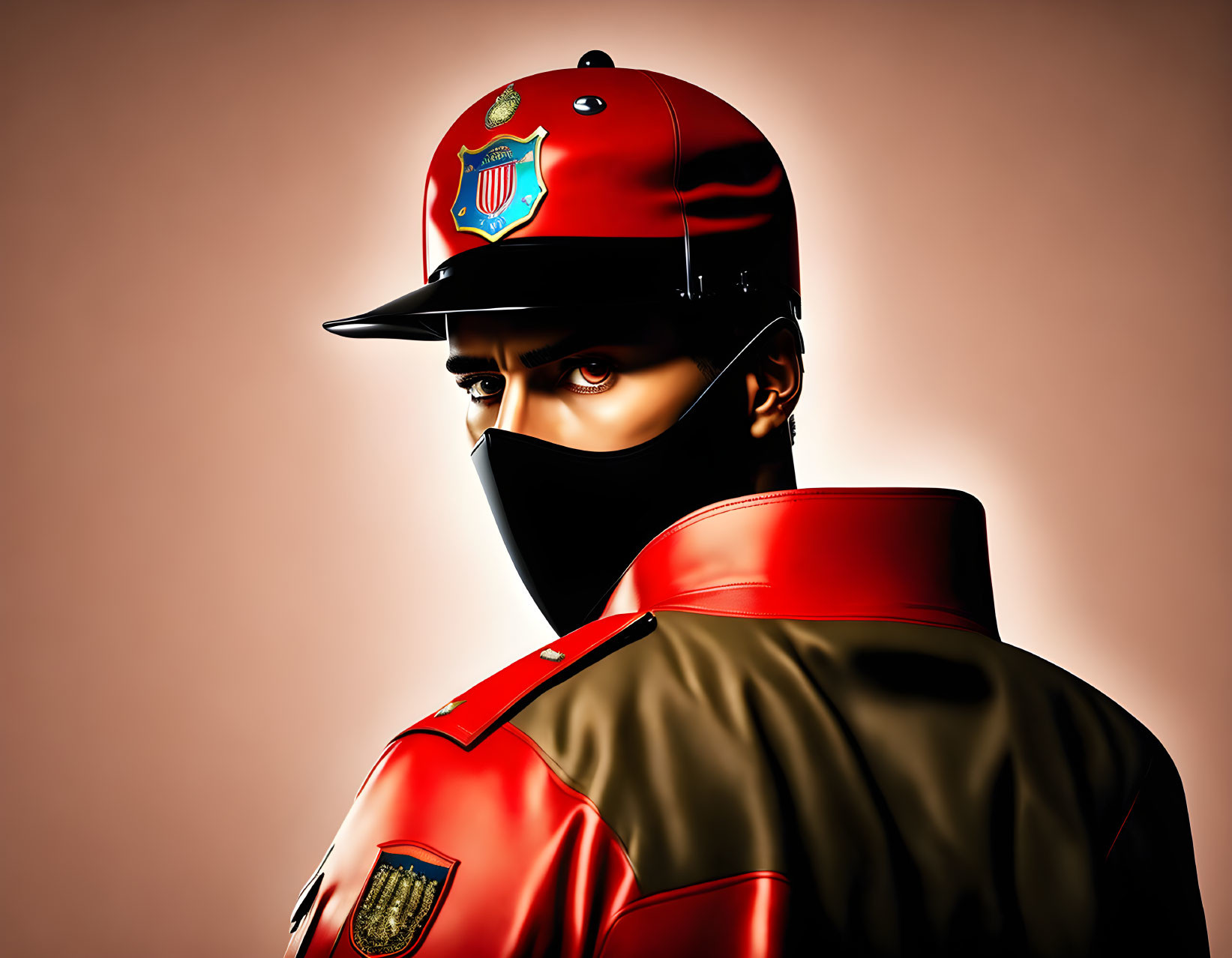 Person in Red Military Attire with Cap and Face Mask Illustration