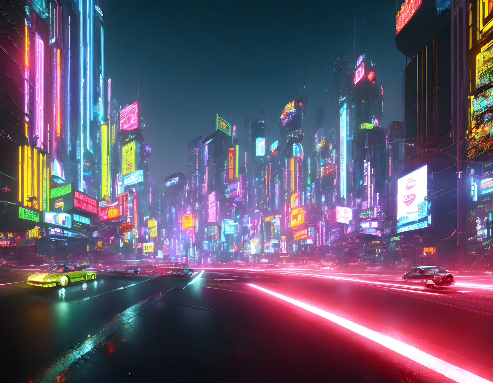 Futuristic neon cityscape with vibrant ads and fast cars