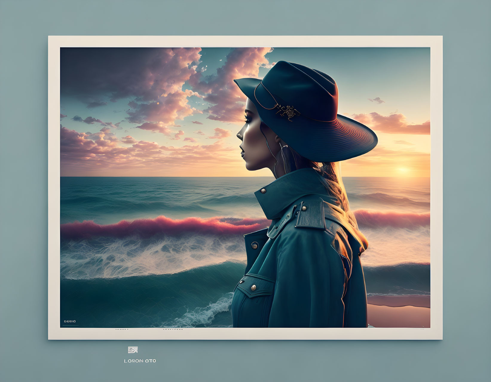 Profile portrait of woman in wide-brimmed hat and jacket gazing at sunset over turbulent ocean with