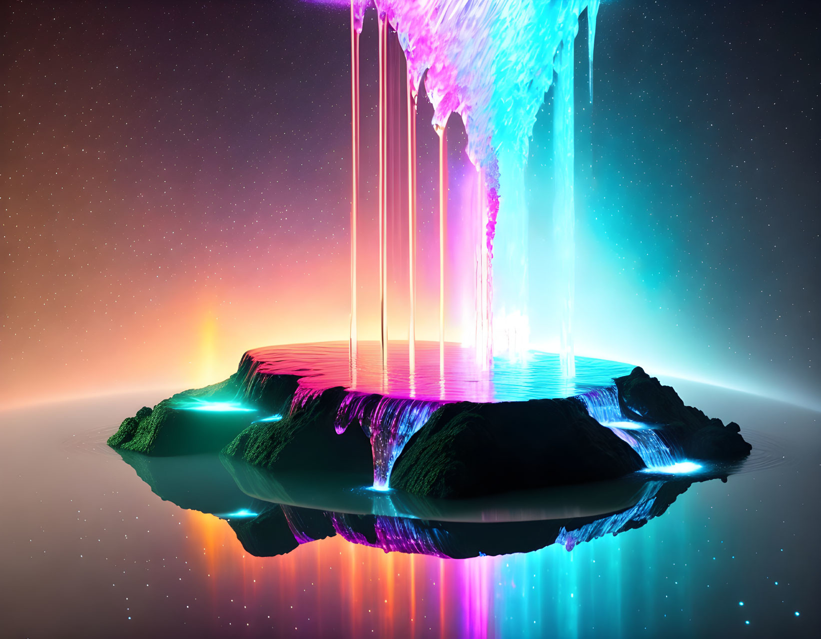 Vibrant digital artwork: Floating island, neon waterfalls, cosmic sky