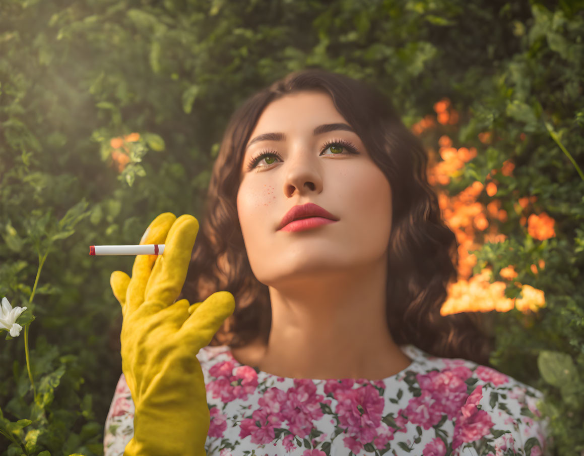 Woman in floral dress holding cigarette in natural setting