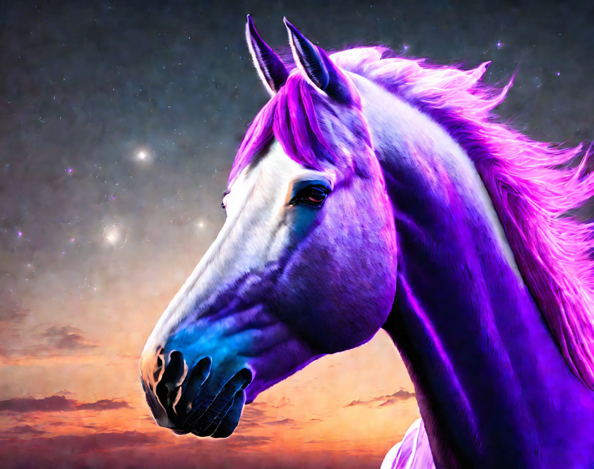 Vibrant digital artwork: Purple horse with flowing mane in twilight sky