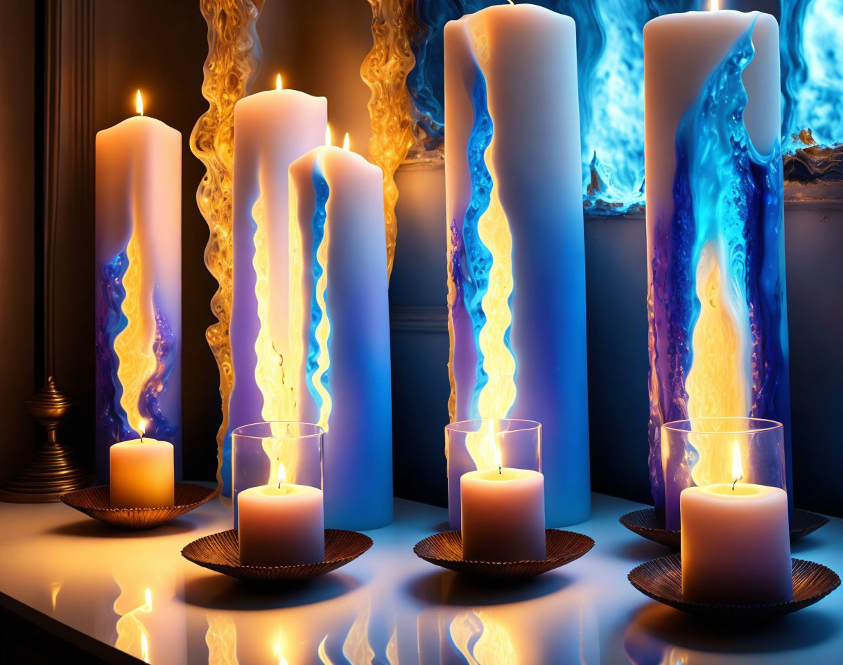 Unusually colored flame candles against mirror for warm ambiance