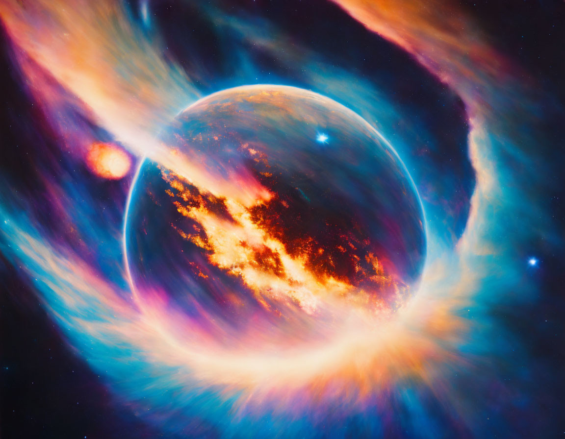 Colorful cosmic scene with radiant planet and swirling nebulae