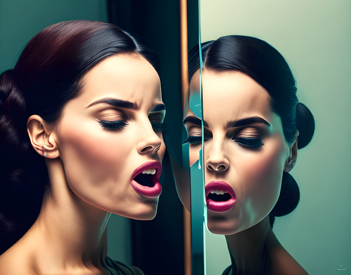 Split-face woman with contrasting expressions reflected in mirror