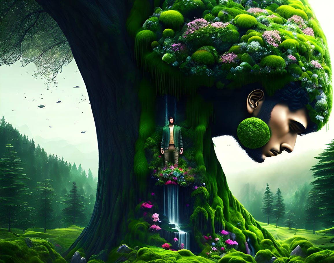 Giant tree with face-shaped canopy and waterfall, person in surreal landscape