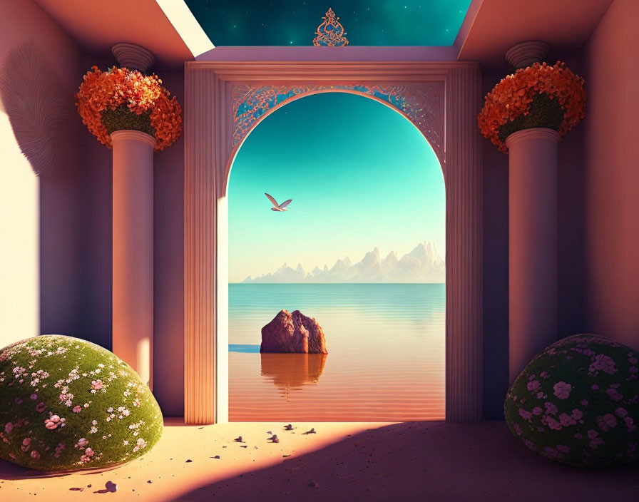 Serene sea view through archway with rocky islet and mountains, adorned with planters and flowers