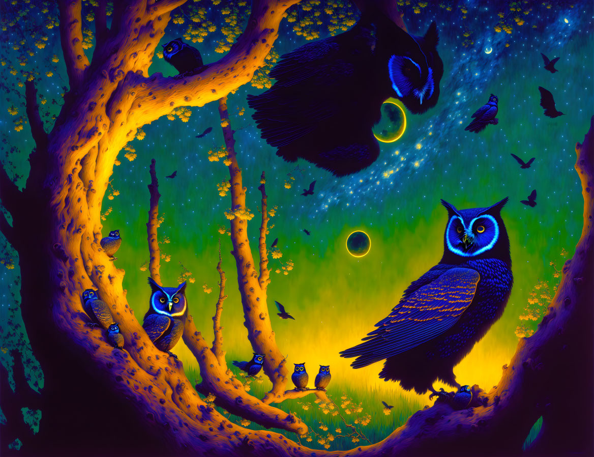 Multiple owls on glowing orange trees in a vibrant nocturnal scene surrounded by floating green rings and small