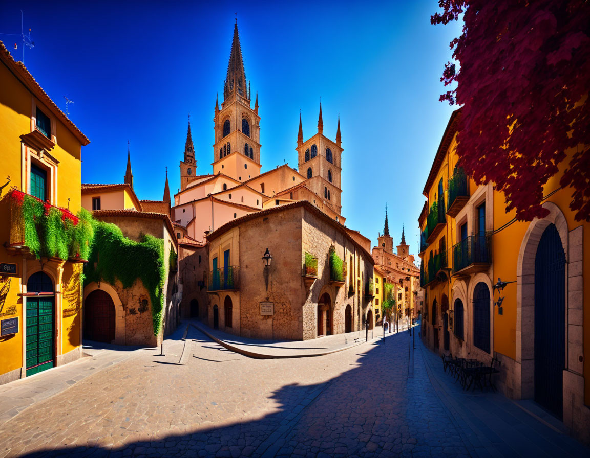 Quaint European town: Colorful buildings, Gothic cathedral