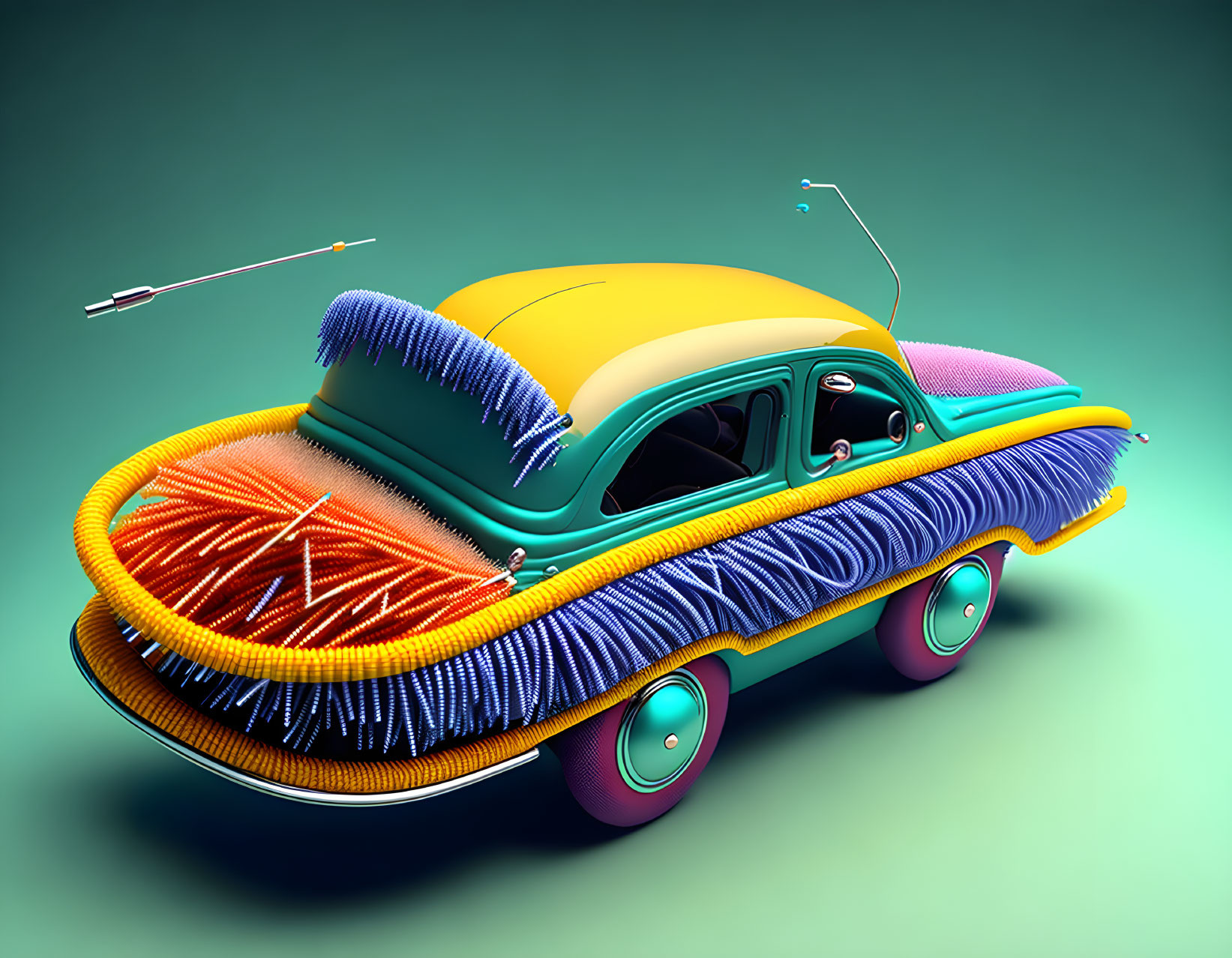 Vibrant cartoon car with bristle textures and oversized wheels