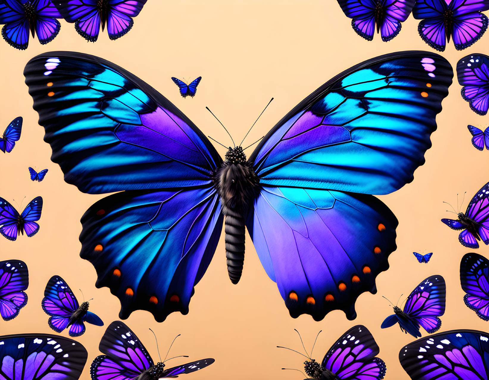 Colorful Blue Butterfly Surrounded by Smaller Butterflies on Amber Background