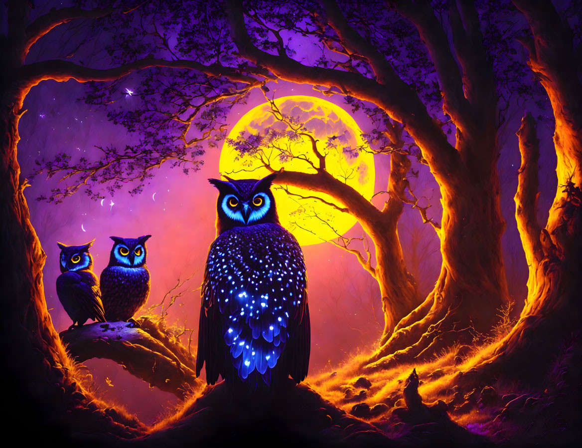 Three owls on branches in mystical moonlit forest