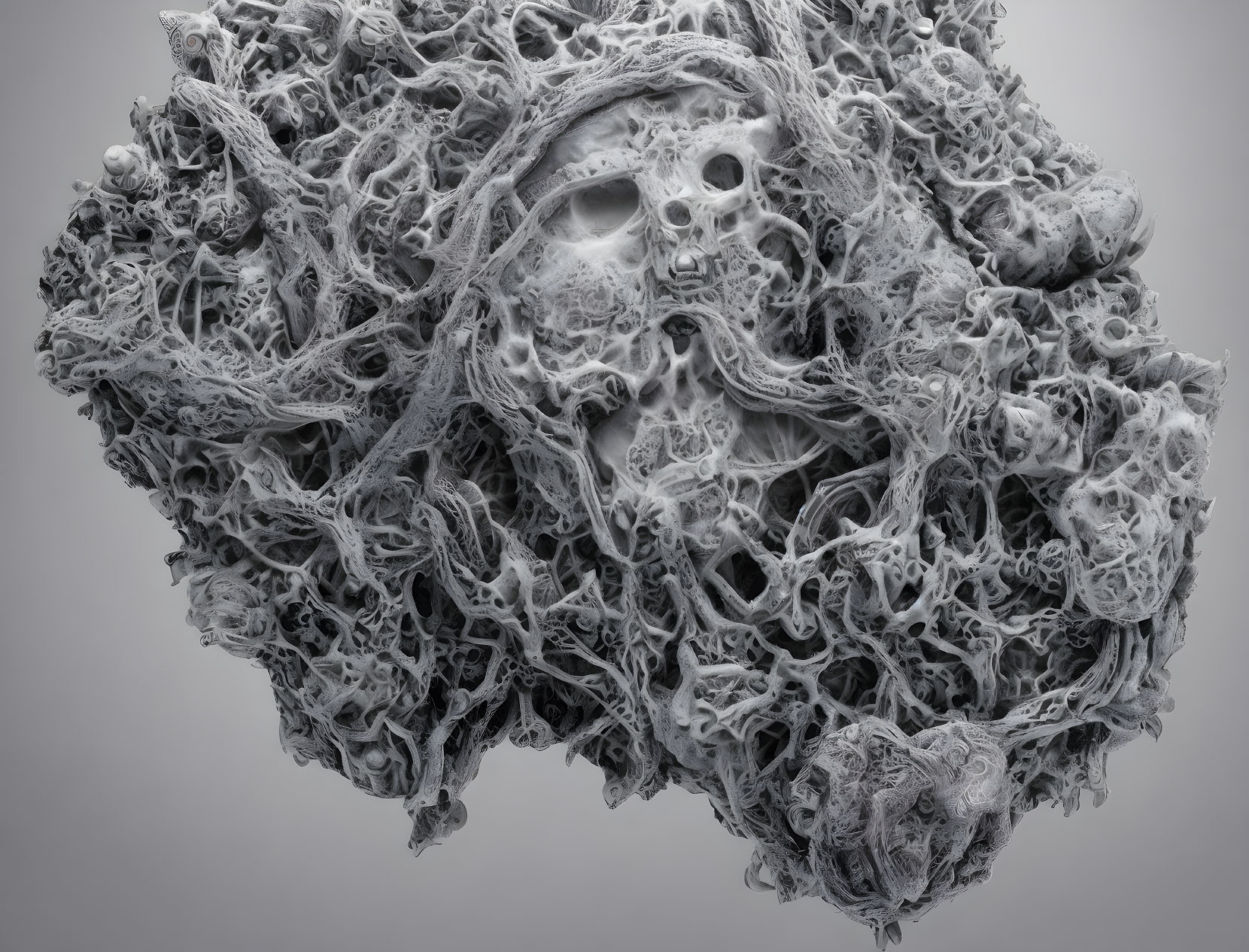 Monochromatic 3D sculpture of chaotic tangled forms and textures.