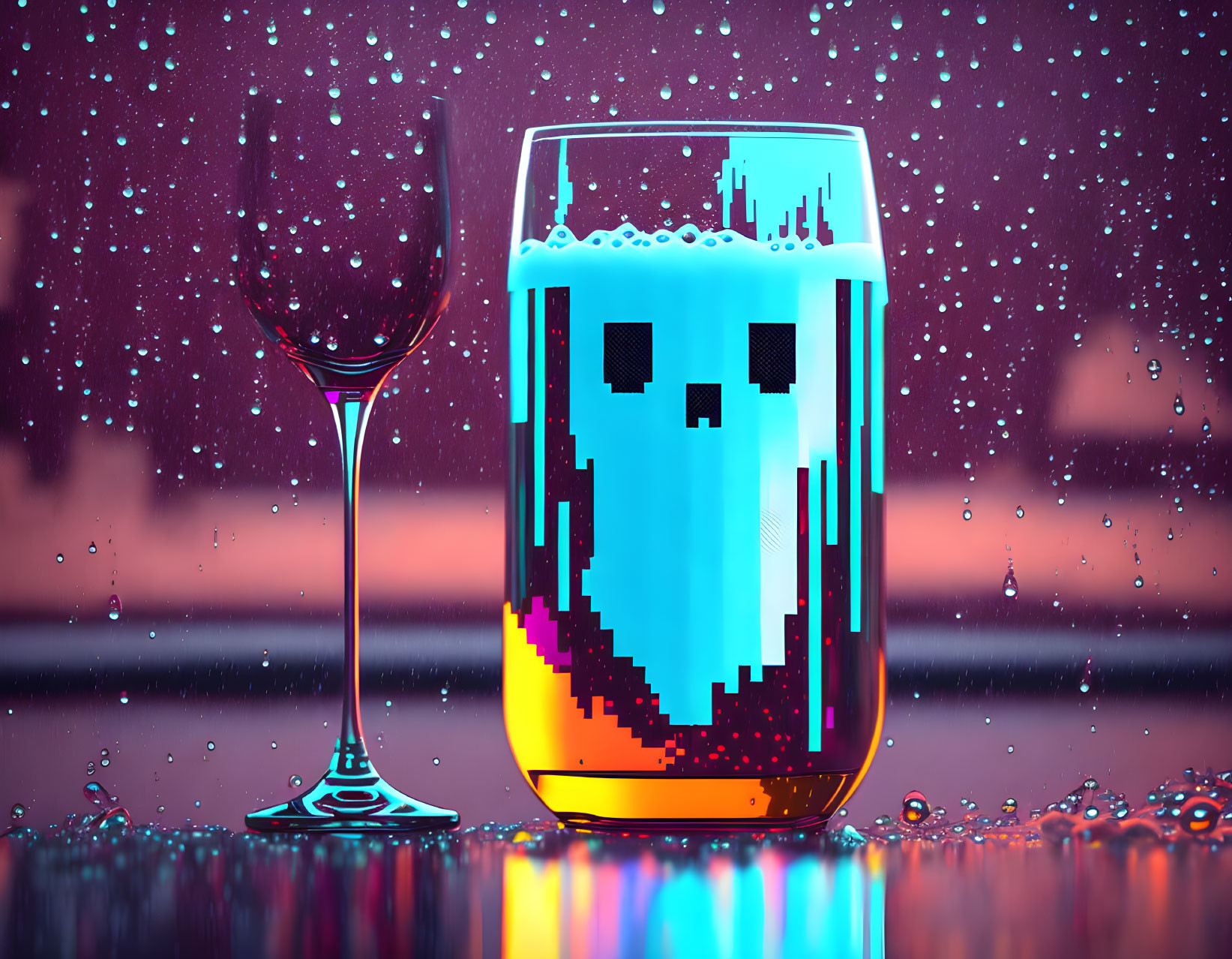 Pixelated ghost design glass next to wine glass on reflective surface under purple sky with raindrops.