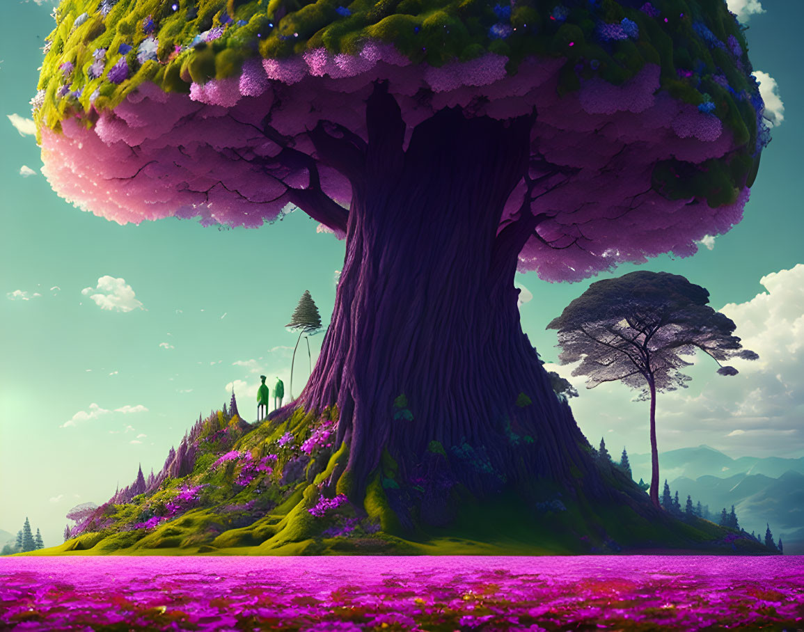 Vibrant purple tree and pink grass in surreal landscape