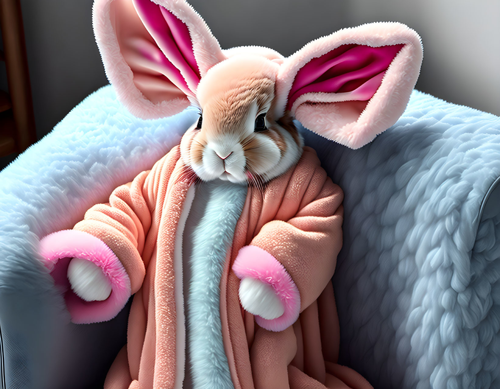 Cute Bunny Plush Toy in Peach Hoodie on Blue Blanket