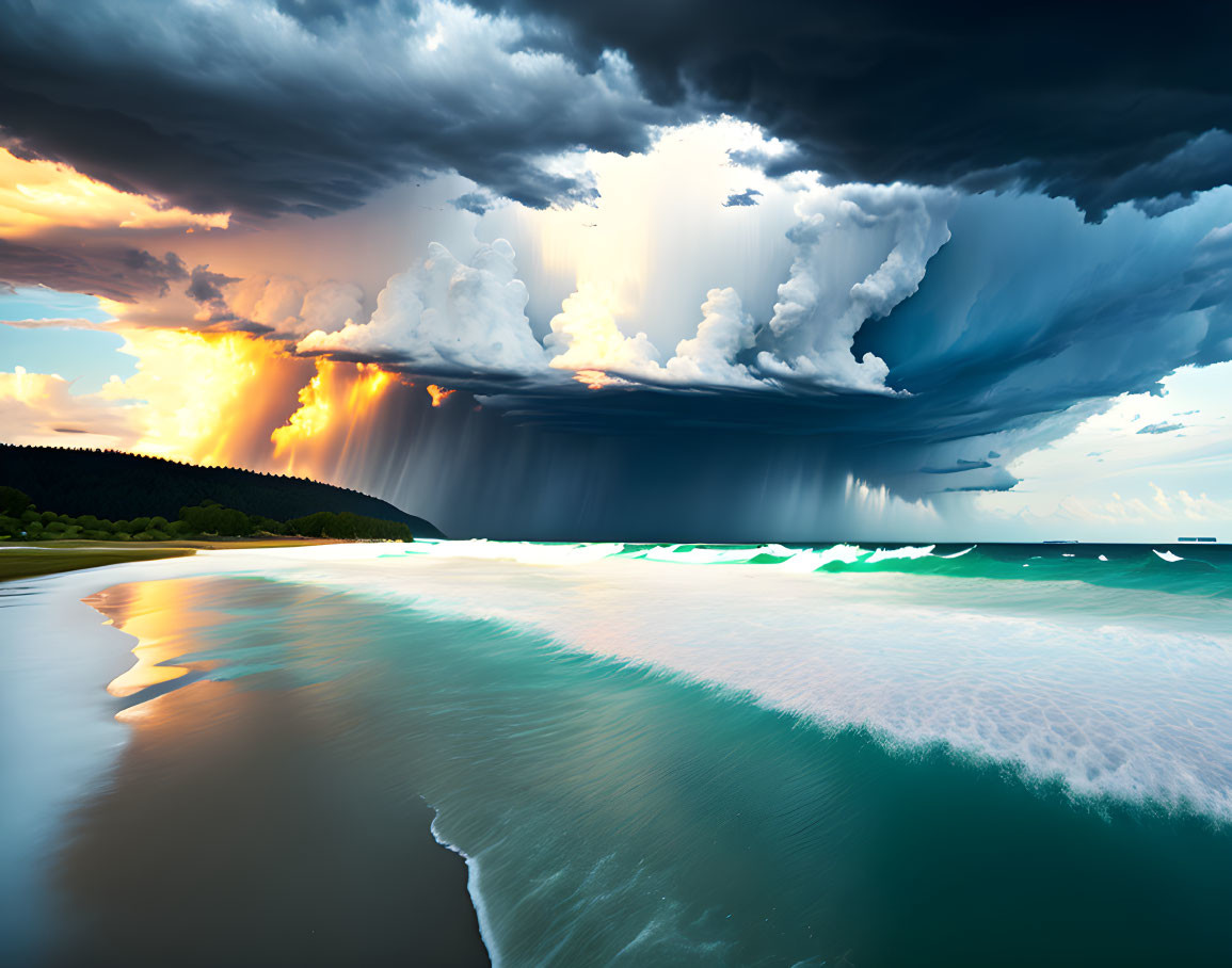 Storm cloud over tranquil beach with sunrays reflecting on ocean and sand