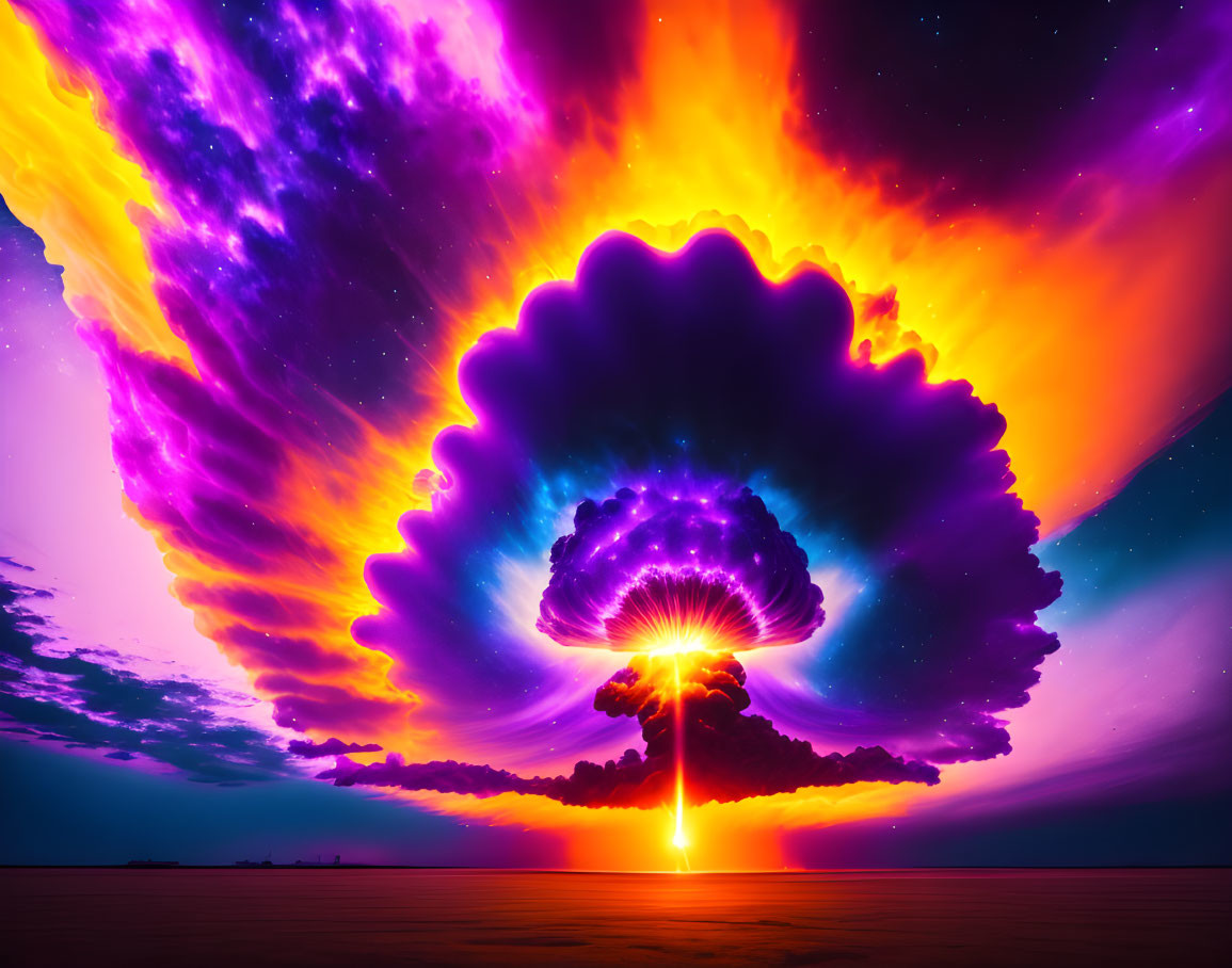 Neon-lit mushroom cloud against starry sky