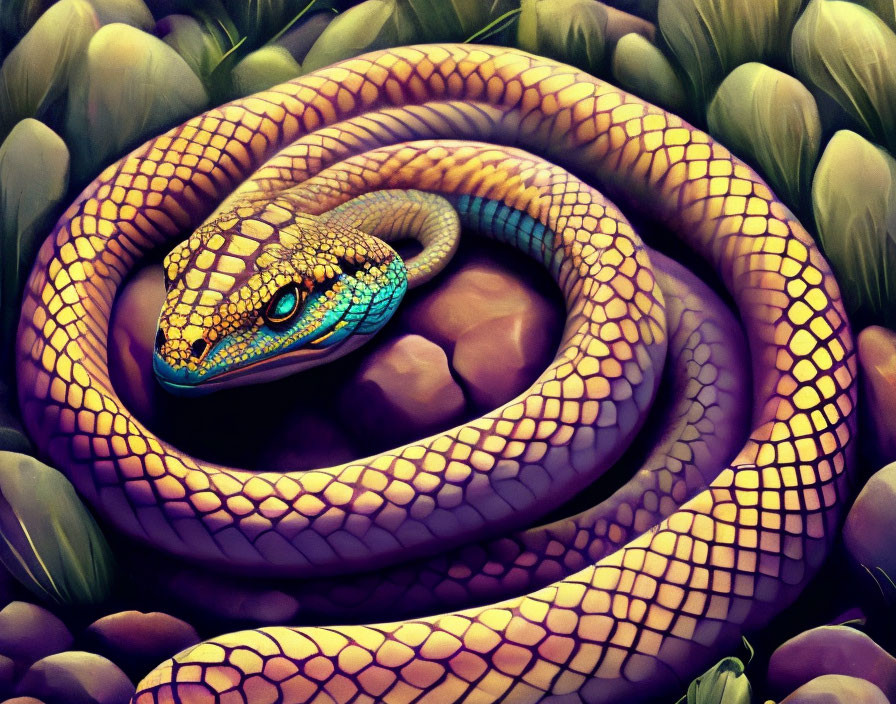 Vibrant coiled snake with blue eyes in lush greenery