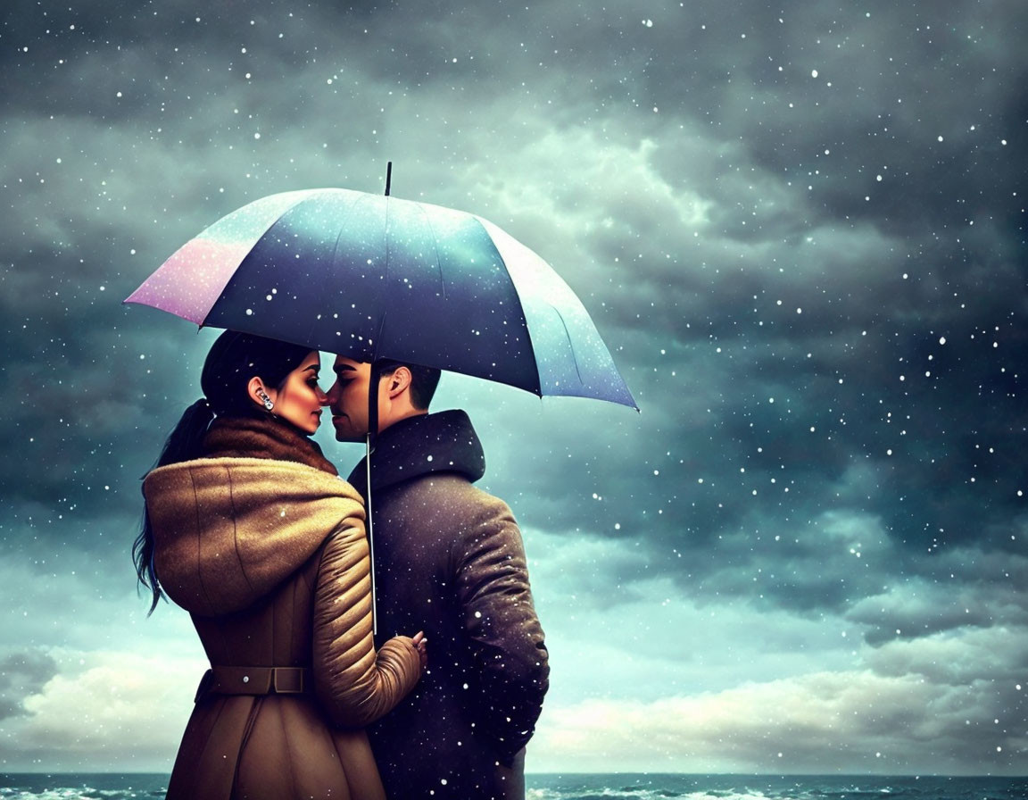 Couple sharing umbrella under starry snow sky