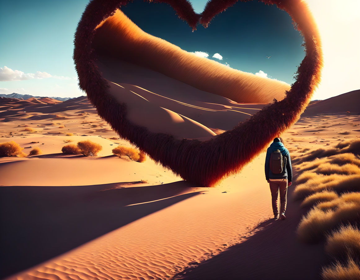 Person with backpack walking towards heart-shaped frame in desert landscape