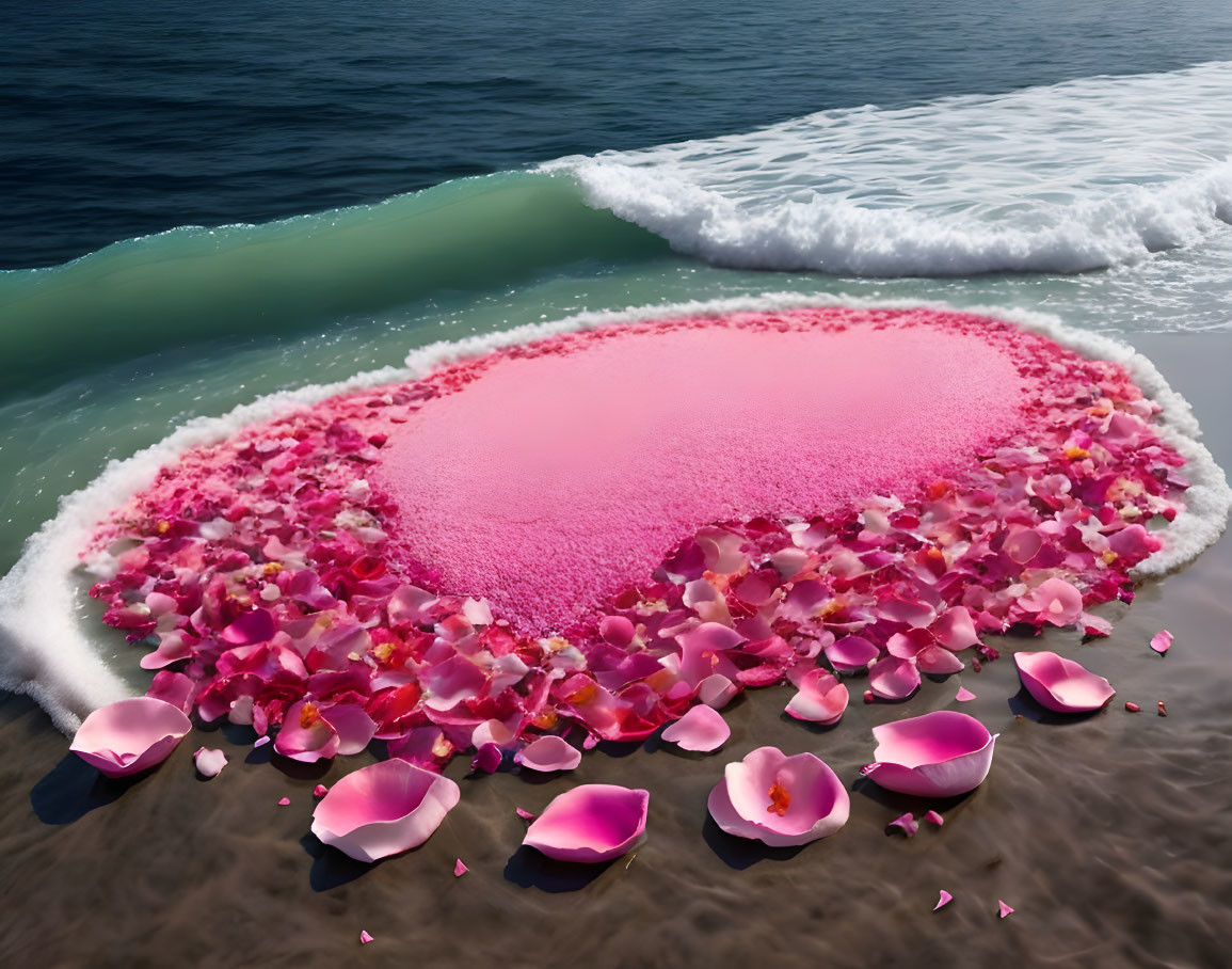 Pink heart-shaped salt formation on beach with rose petals and sea waves