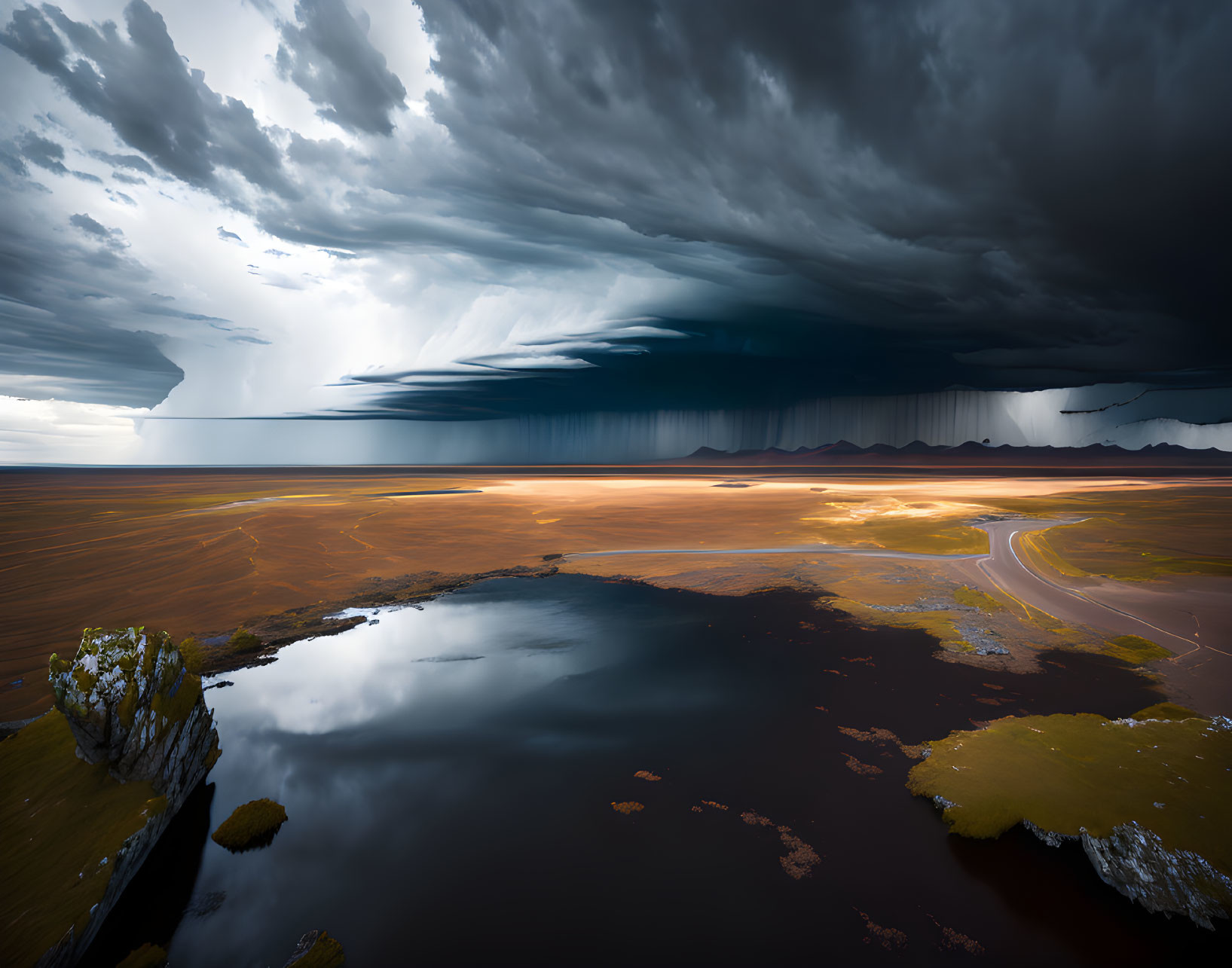 Dramatic landscape with storm clouds, open plain, winding road, tranquil lake, and lone rock