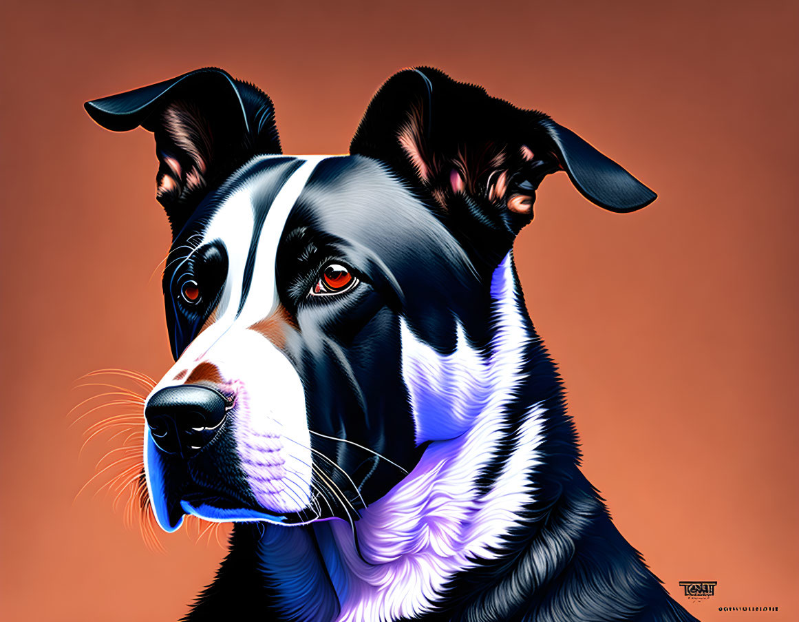 Stylized black and white dog with orange-red eyes on vibrant orange backdrop