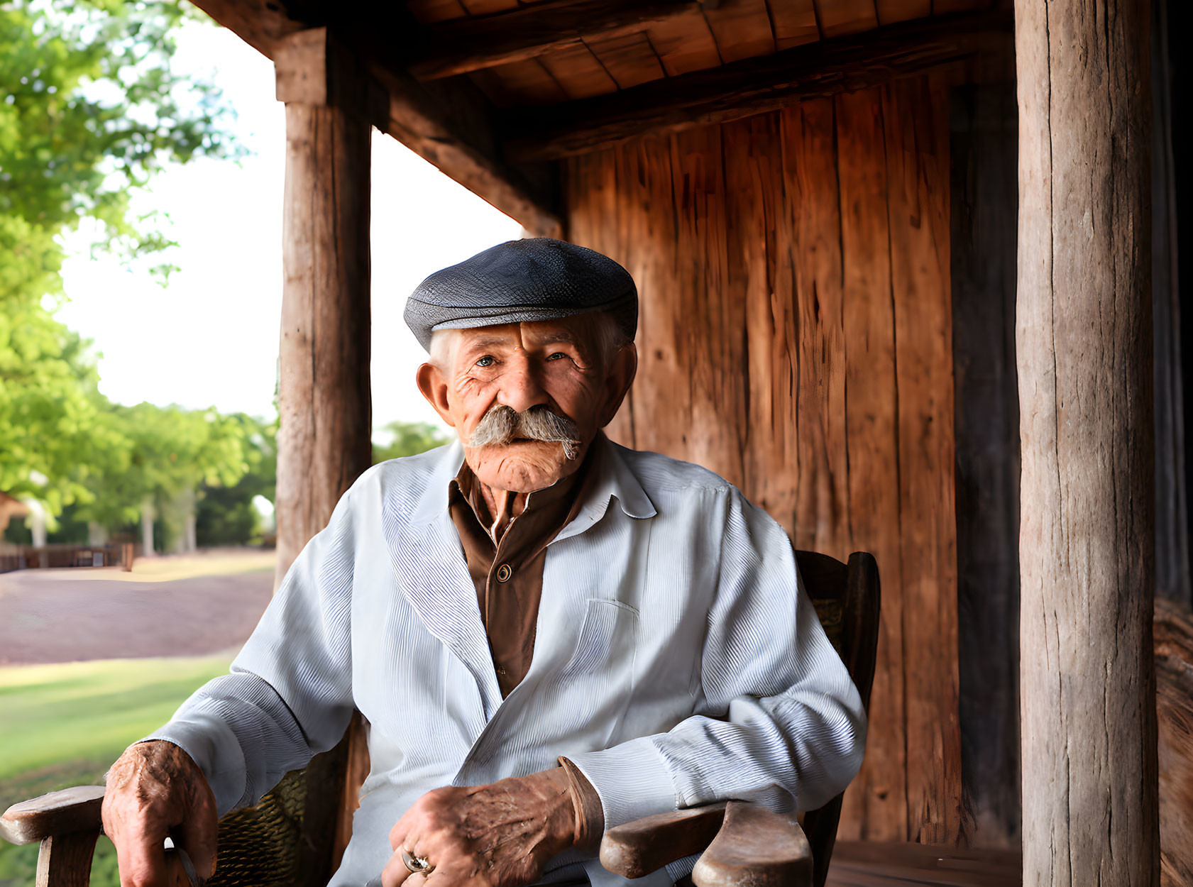 Elderly man with mustache in flat cap exudes wisdom on porch