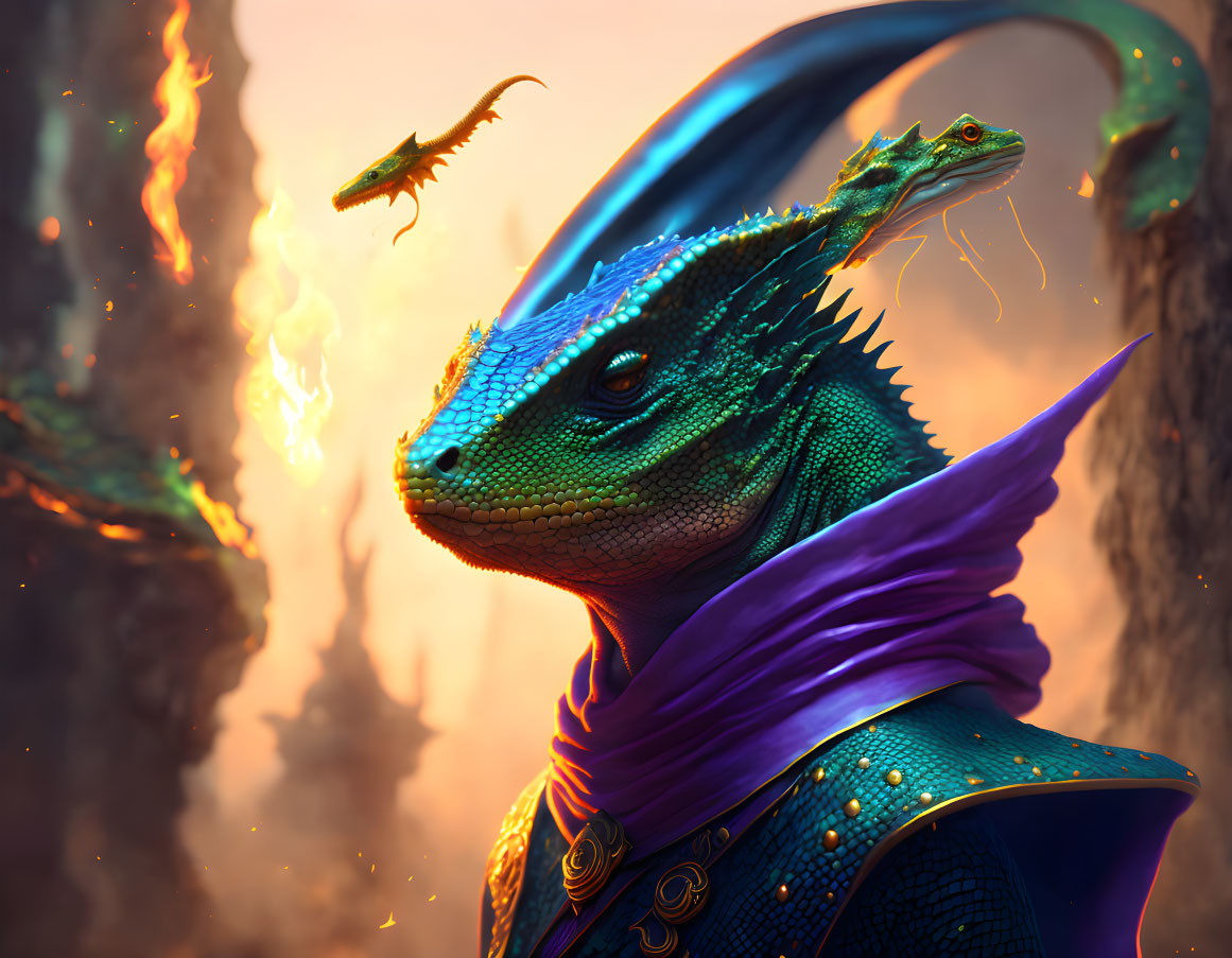 Colorful Blue and Green Dragon in Purple Cloak on Fiery Landscape