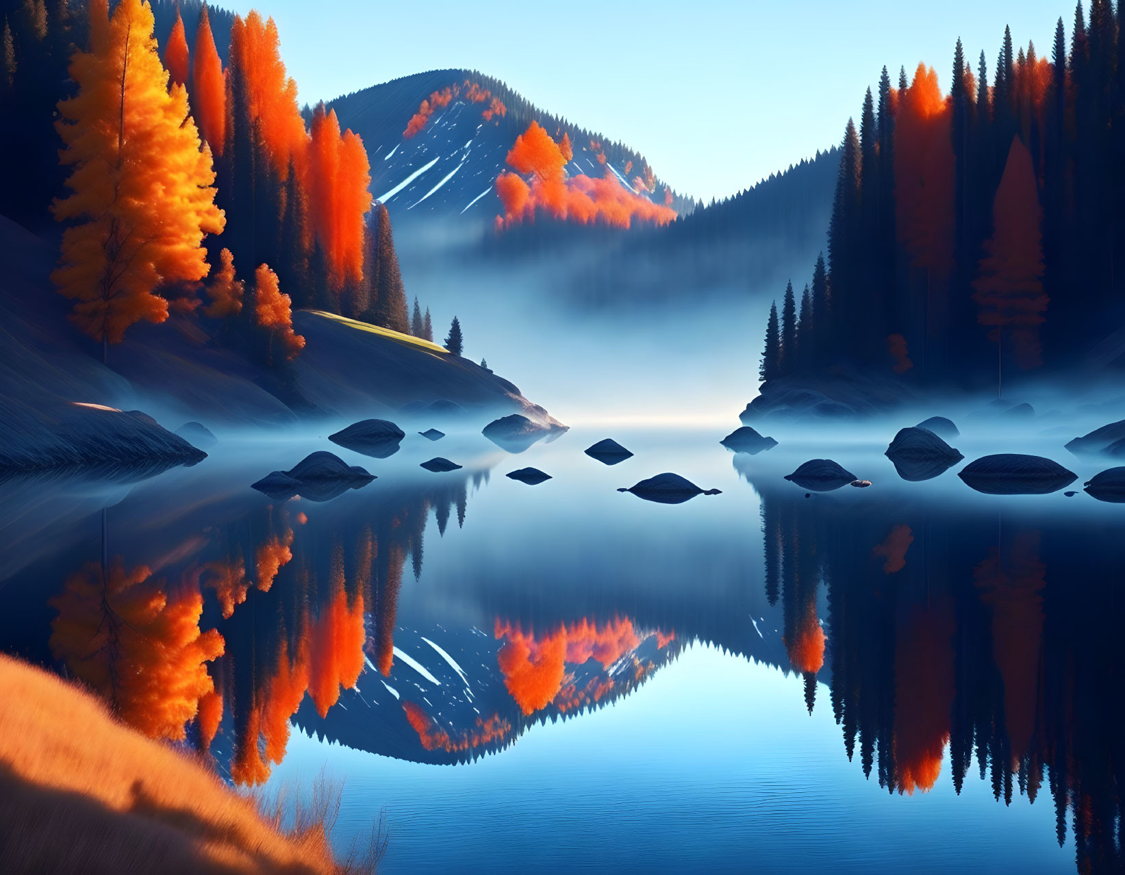 Autumn trees and mountains reflected in serene lake at dusk