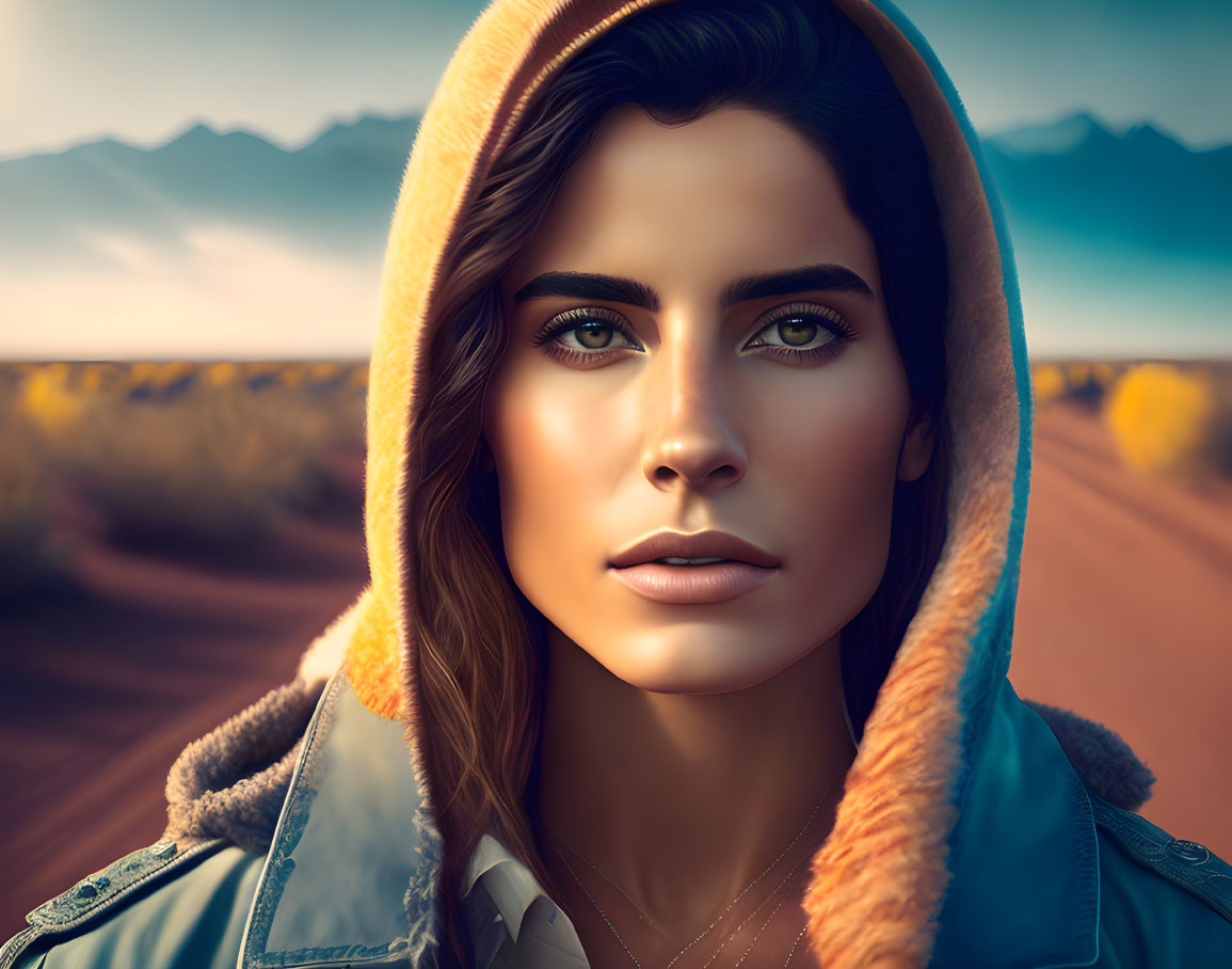 Woman in Yellow Hooded Jacket Portrait Against Desert Sunset