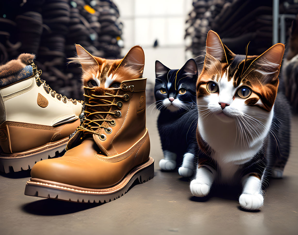 Three Cats with Big Eyes Among Boots and Two Wearing Them as Hats