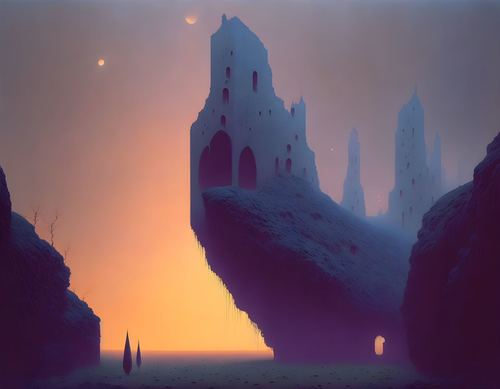 Mystical dusk landscape: castle-like rocks, orange-pink sky, luminous orbs