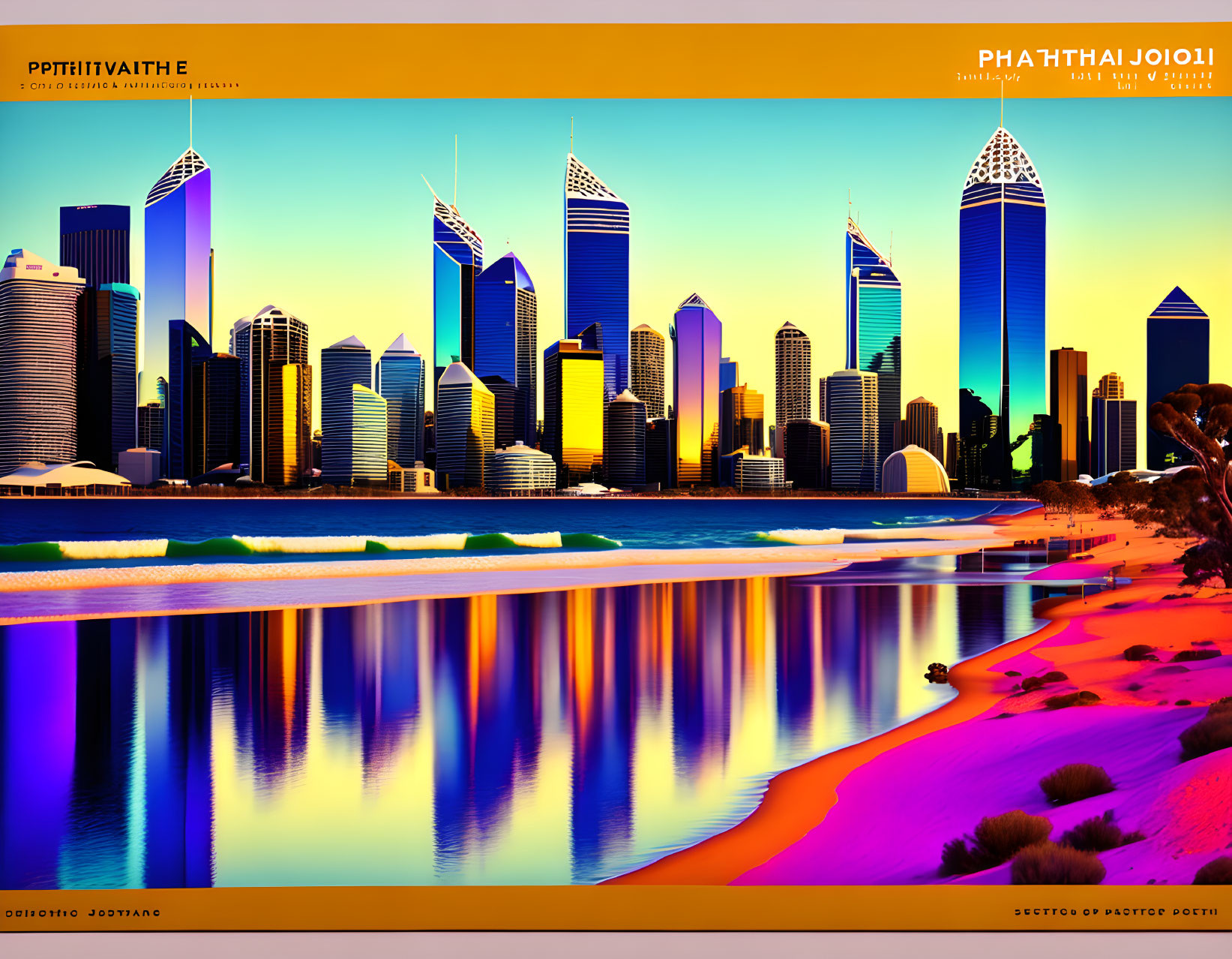 Vibrant retro-futuristic cityscape with neon skyscrapers and beach reflection