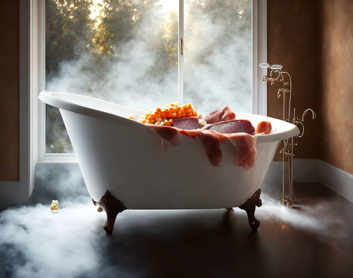 Claw-foot bathtub with rubber ducks, bacon slices, and tree view