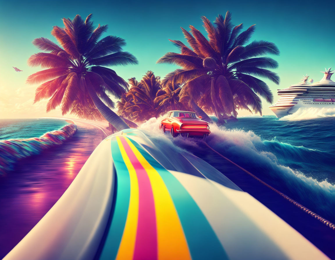 Vintage Red Car Speeding on Colorful Coastal Road with Cruise Ship and Pink Sunset Sky