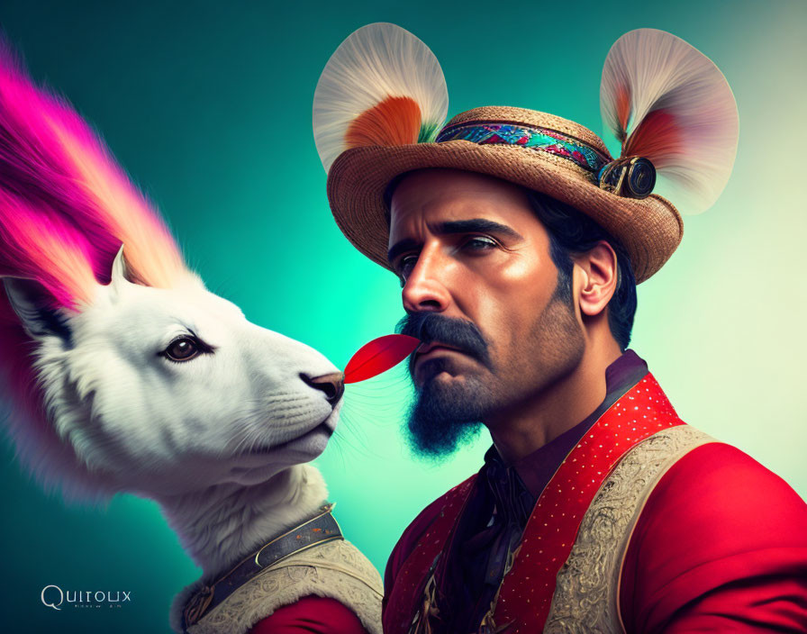 Traditional Attire Man and Llama with Colorful Tuft in Playful Standoff