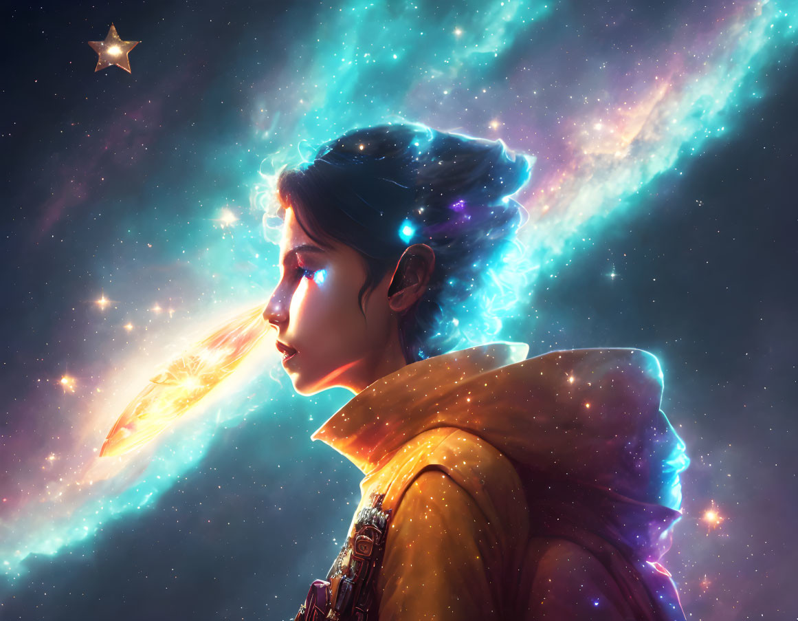 Woman's profile blending into cosmic galaxy with stars and nebulas.