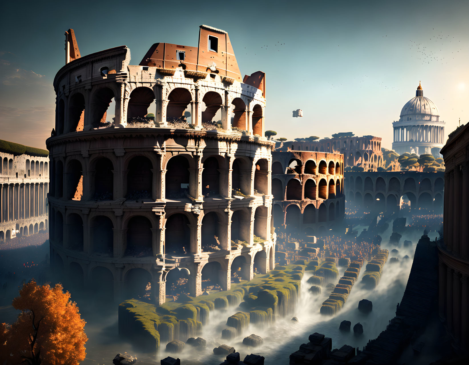 Ancient Roman architecture in fog with Colosseum in dreamlike cityscape