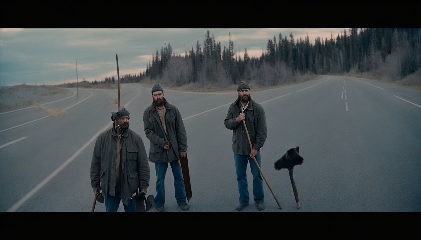 Three bearded men with weapons on desolate road under overcast sky