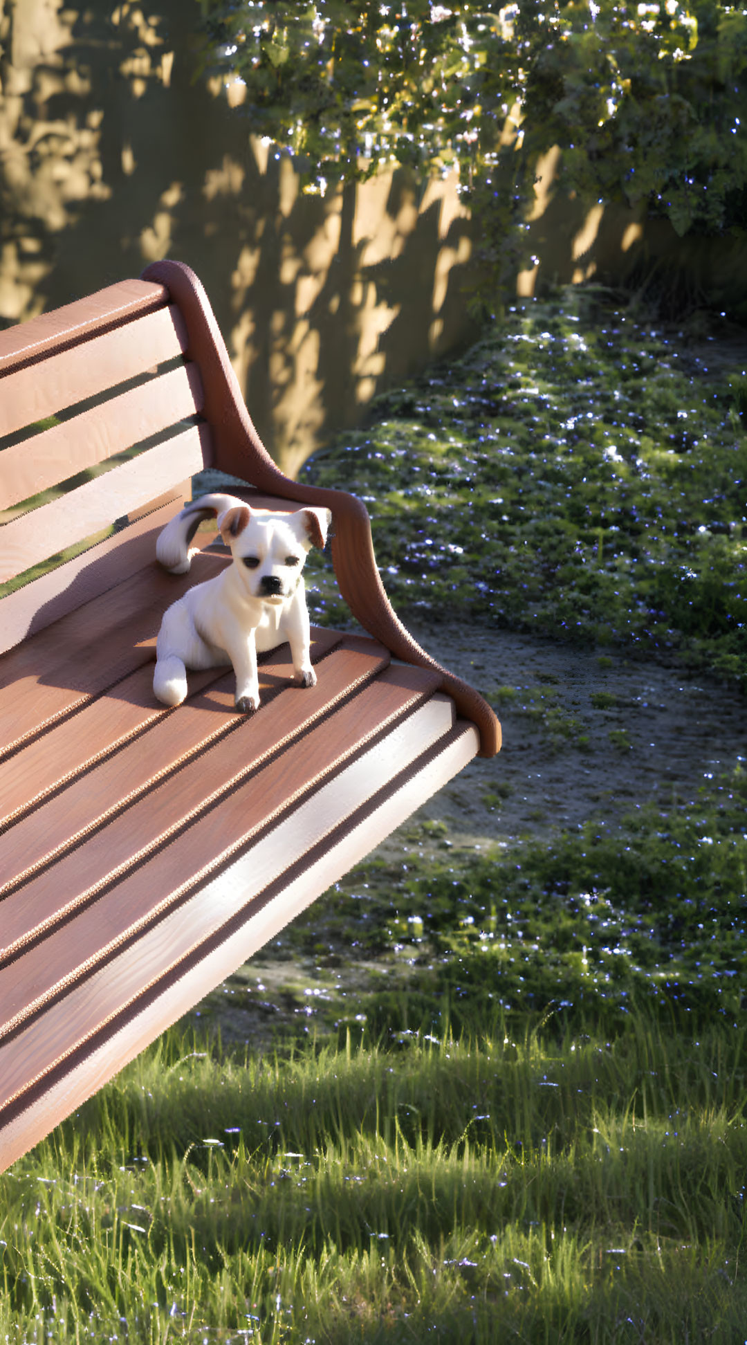 White Dog with Brown Spot on Eye on Park Bench with Trees