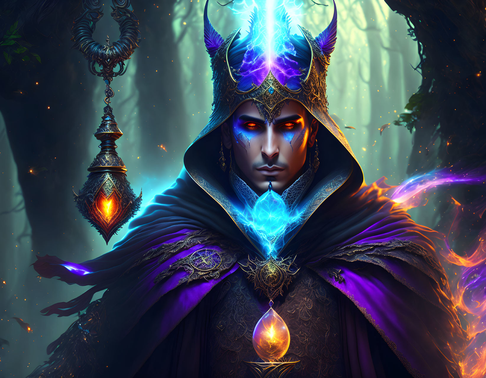 Mystical figure in purple cloak with magical orb in eerie forest