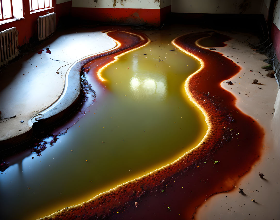 Flooded Abandoned Room with Red Debris and Sunlight Reflections