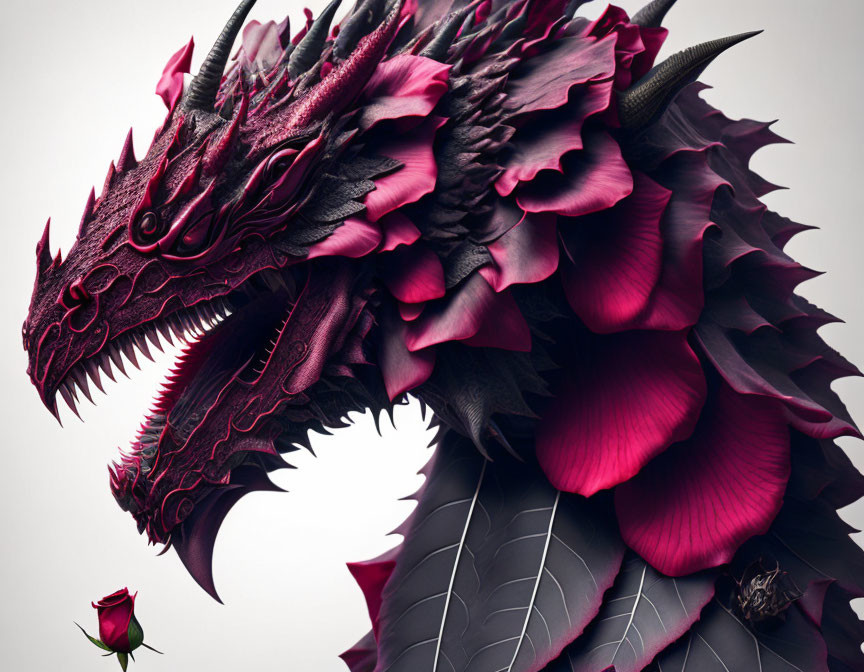 Detailed red and black dragon with rose in claws on light background