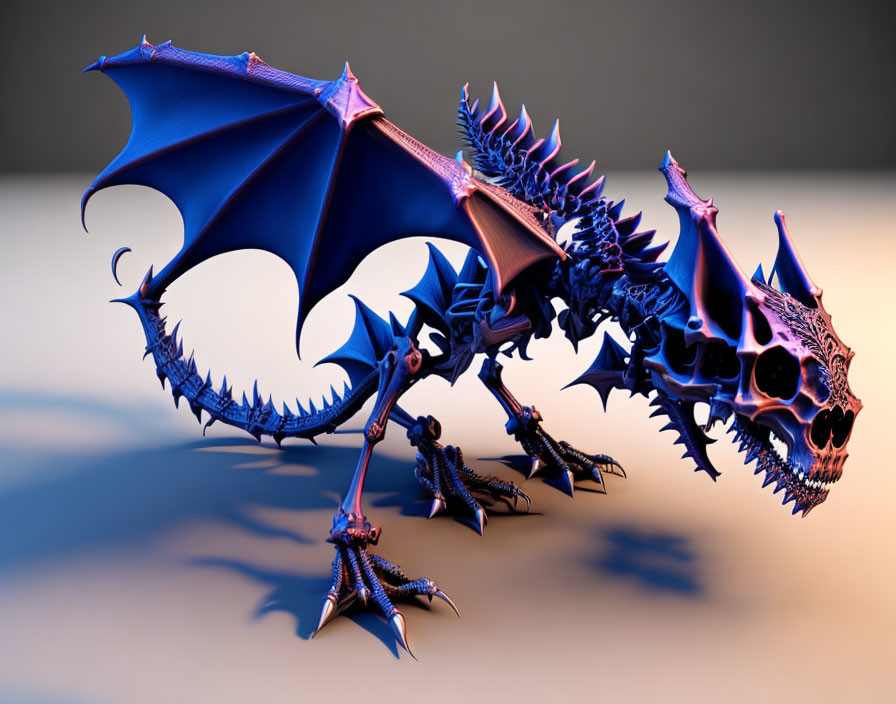 Fantastical blue dragon with large wings and spikes on gradient background