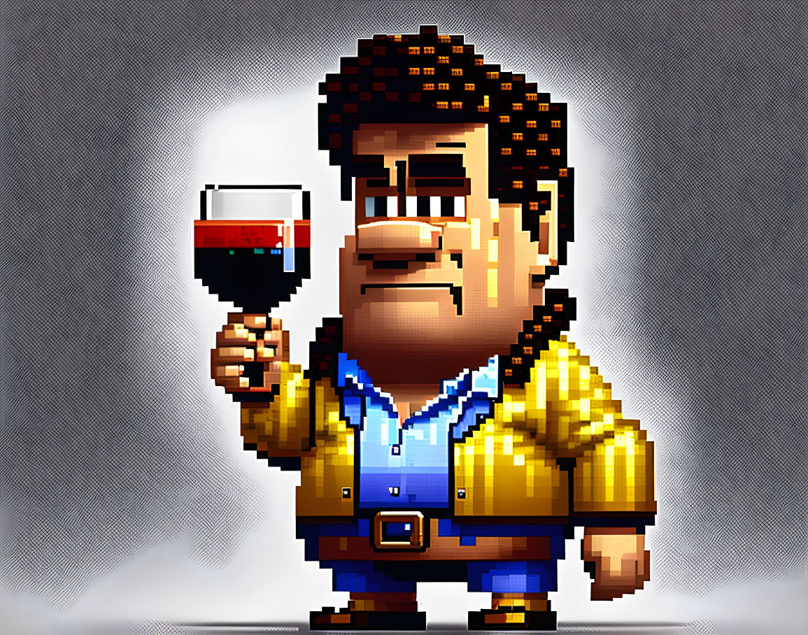 Man with Mustache Pixel Art Holding Red Wine Glass in Yellow Jacket