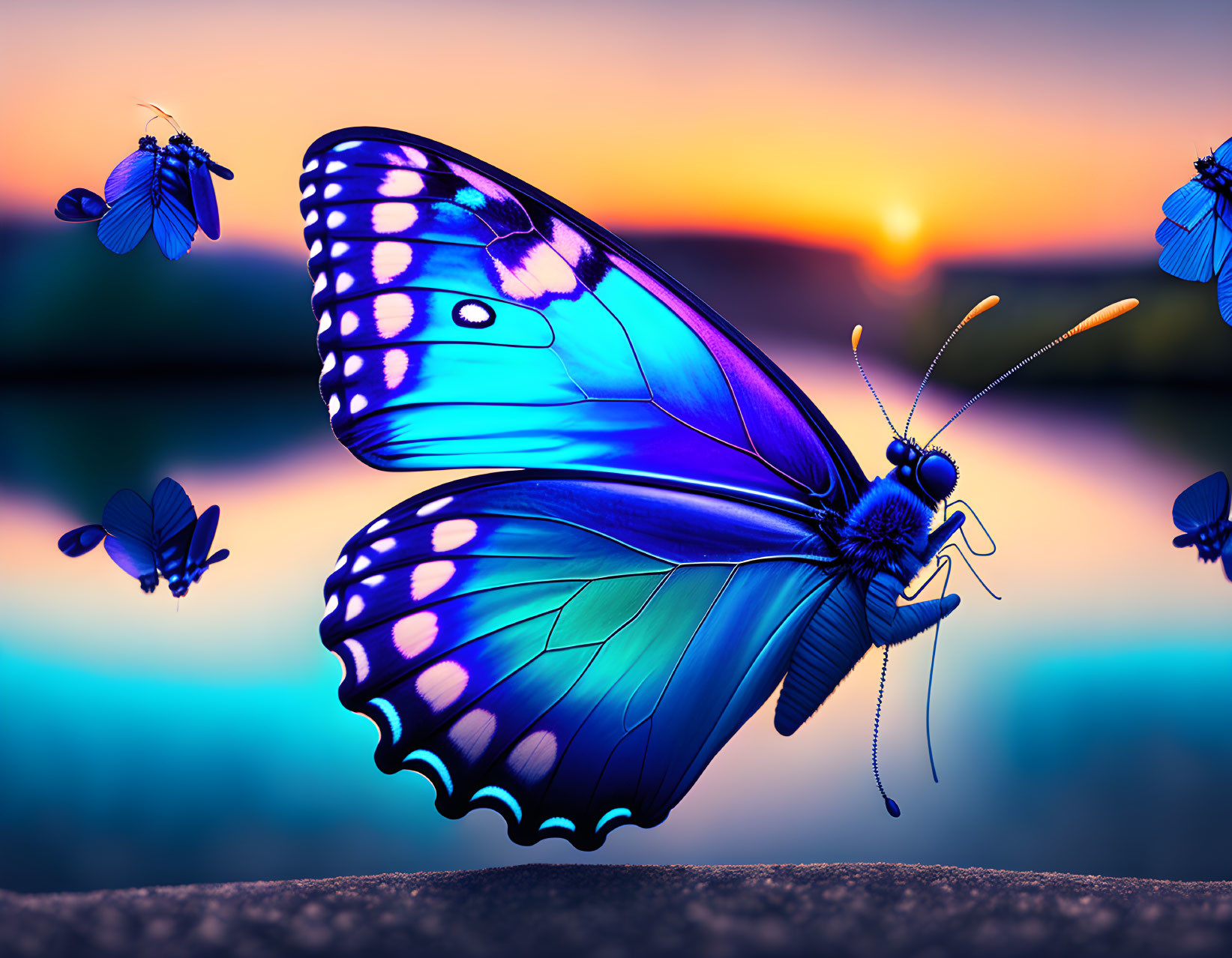 Colorful Butterfly Resting on Surface with Silhouetted Butterflies in Sunset Background